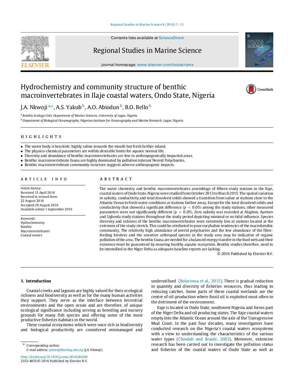 Hydrochemistry and community structure of benthic macroinvertebrates in Ilaje coastal waters, Ondo State, Nigeria