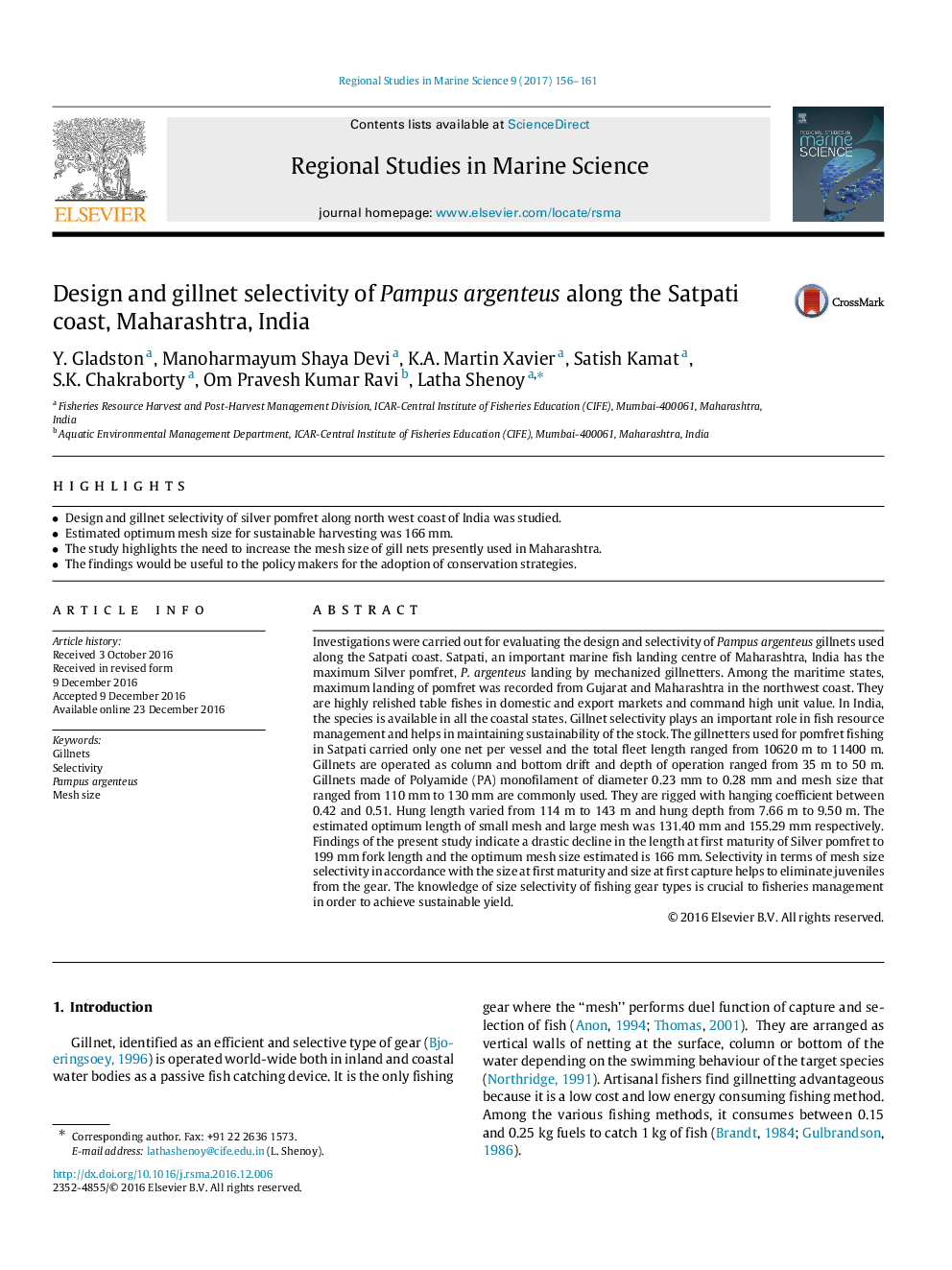 Design and gillnet selectivity of Pampus argenteus along the Satpati coast, Maharashtra, India