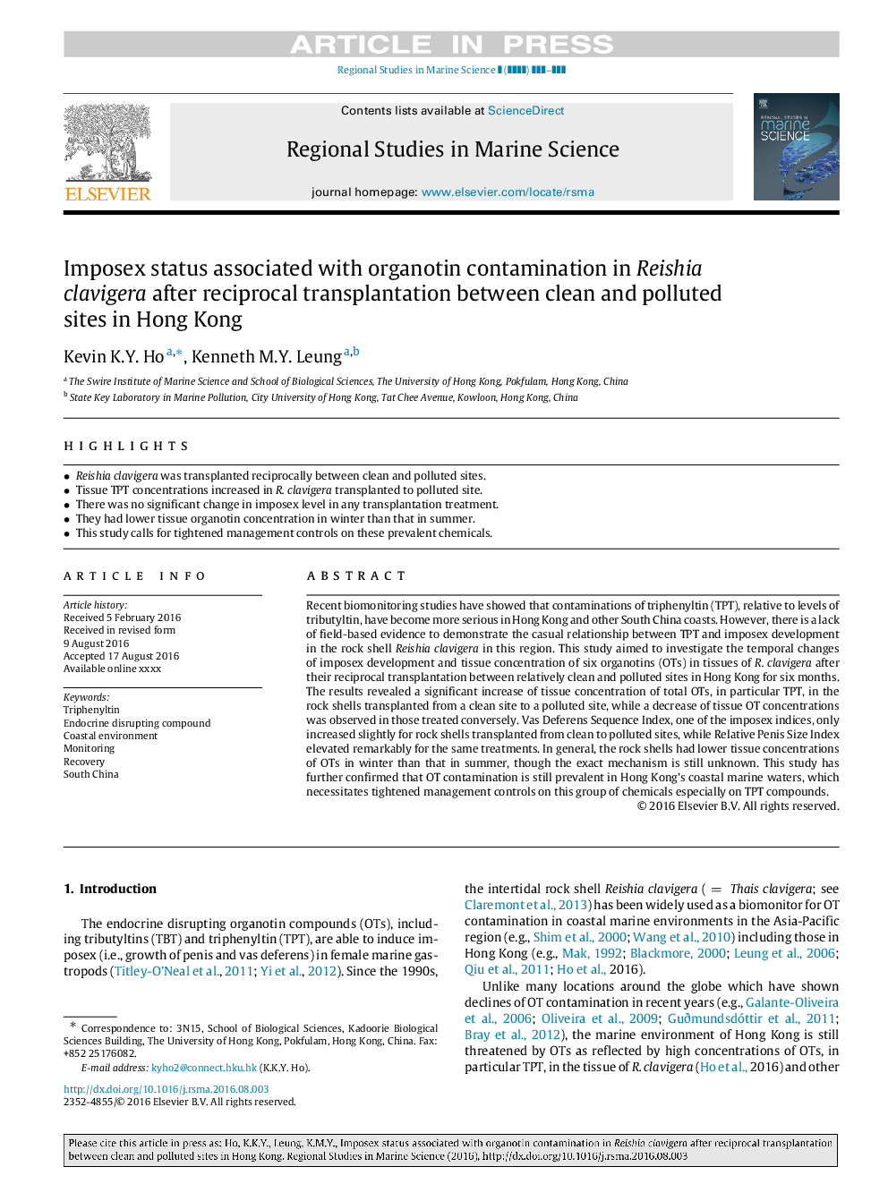 Imposex status associated with organotin contamination in Reishia clavigera after reciprocal transplantation between clean and polluted sites in Hong Kong