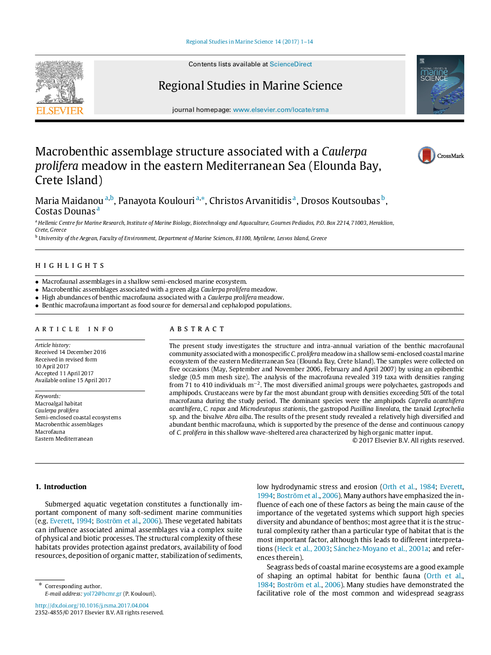 Macrobenthic assemblage structure associated with a Caulerpa prolifera meadow in the eastern Mediterranean Sea (Elounda Bay, Crete Island)