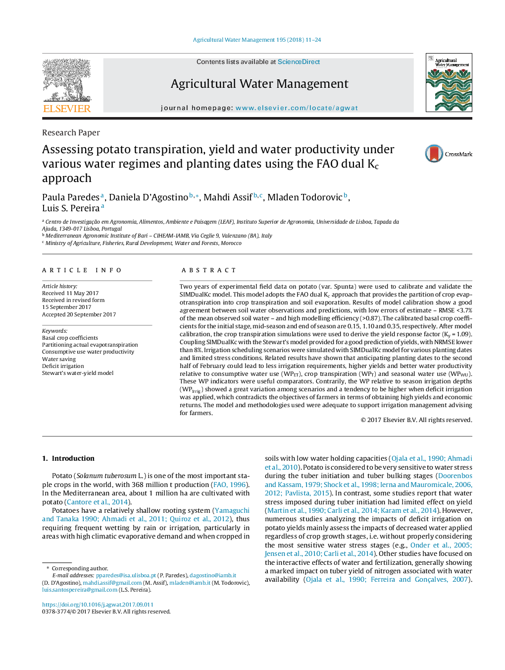 Assessing potato transpiration, yield and water productivity under various water regimes and planting dates using the FAO dual Kc approach