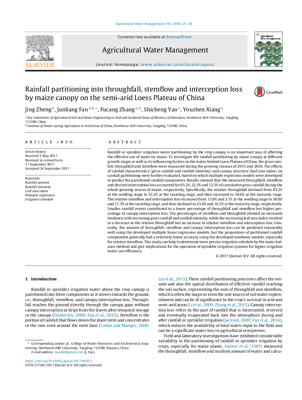 Rainfall partitioning into throughfall, stemflow and interception loss by maize canopy on the semi-arid Loess Plateau of China