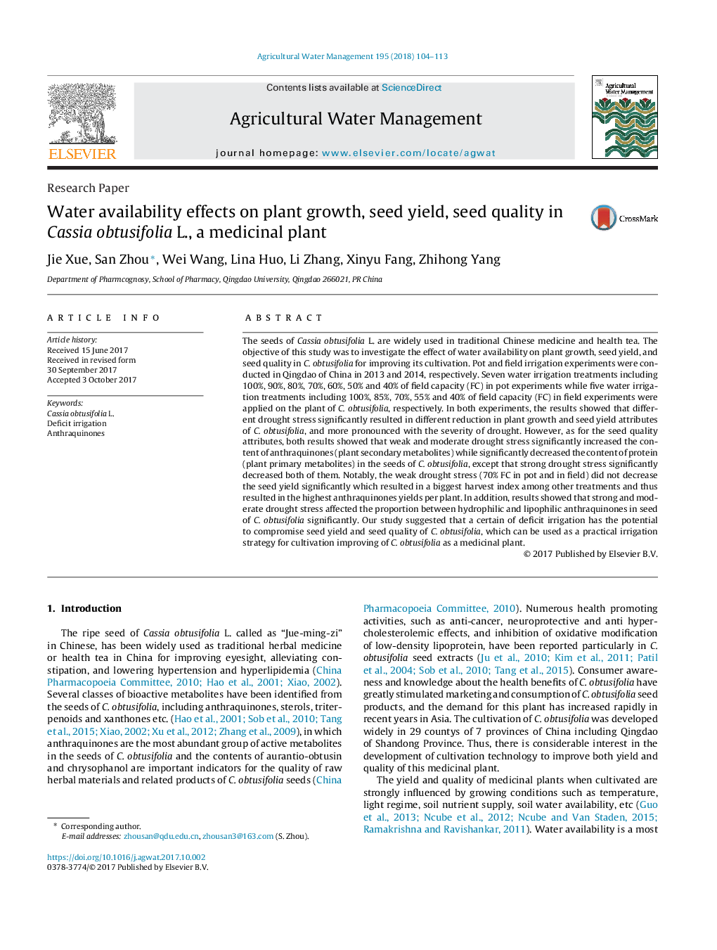 Water availability effects on plant growth, seed yield, seed quality in Cassia obtusifolia L., a medicinal plant