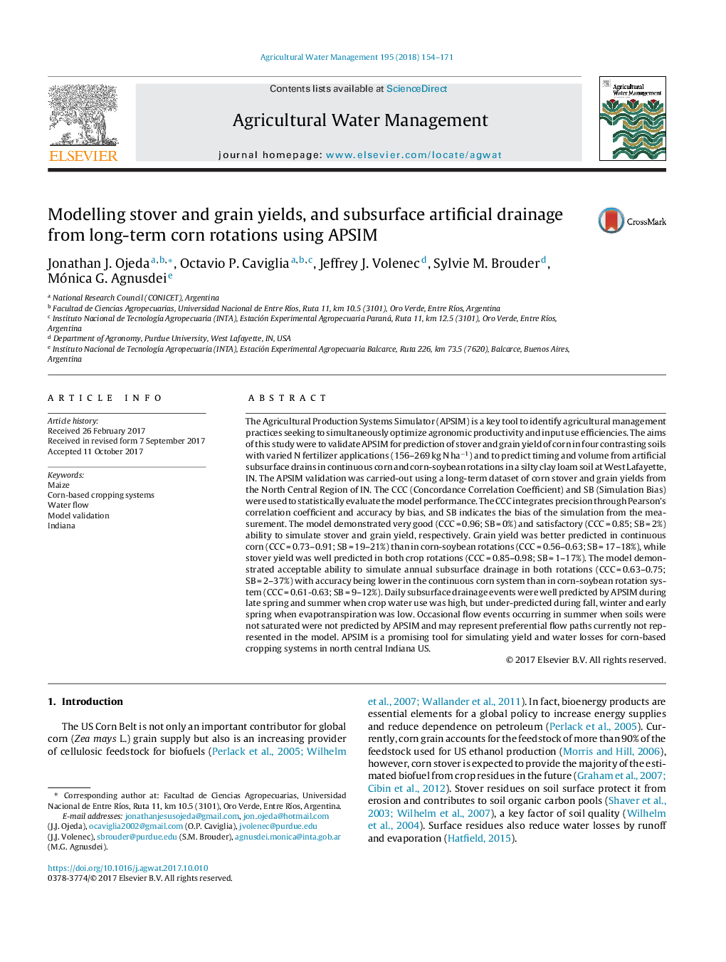 Modelling stover and grain yields, and subsurface artificial drainage from long-term corn rotations using APSIM