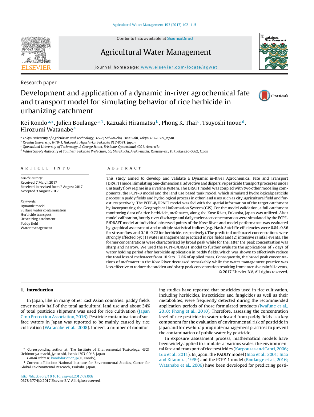 Development and application of a dynamic in-river agrochemical fate and transport model for simulating behavior of rice herbicide in urbanizing catchment