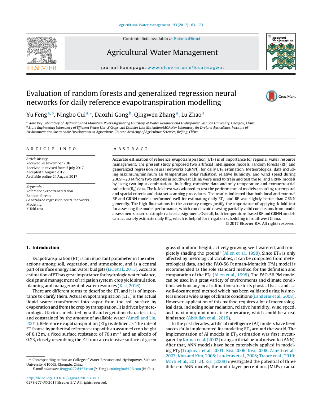 Evaluation of random forests and generalized regression neural networks for daily reference evapotranspiration modelling