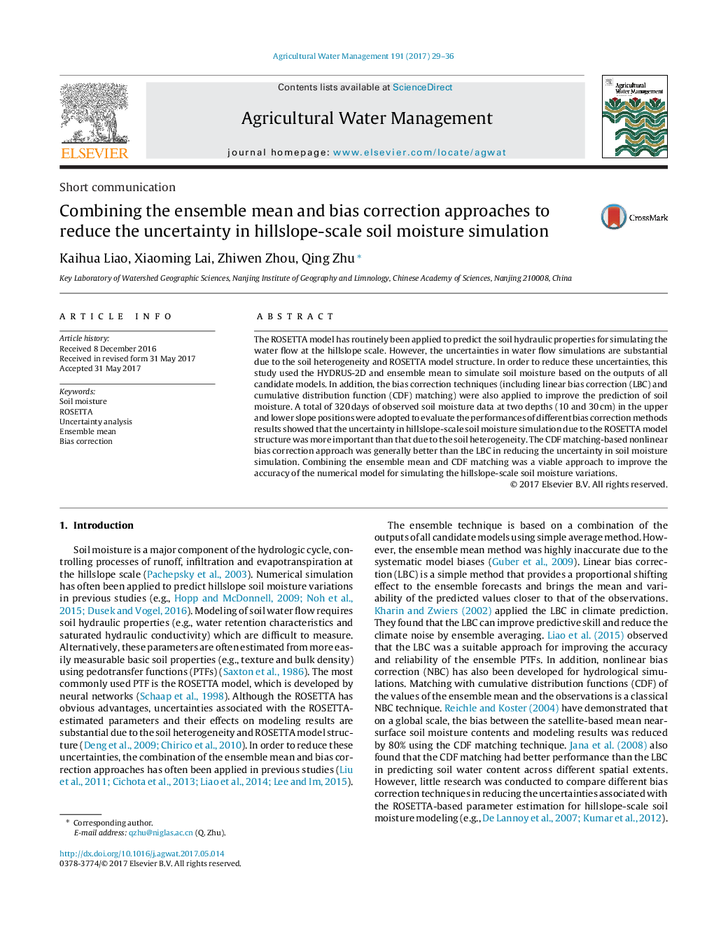 Combining the ensemble mean and bias correction approaches to reduce the uncertainty in hillslope-scale soil moisture simulation