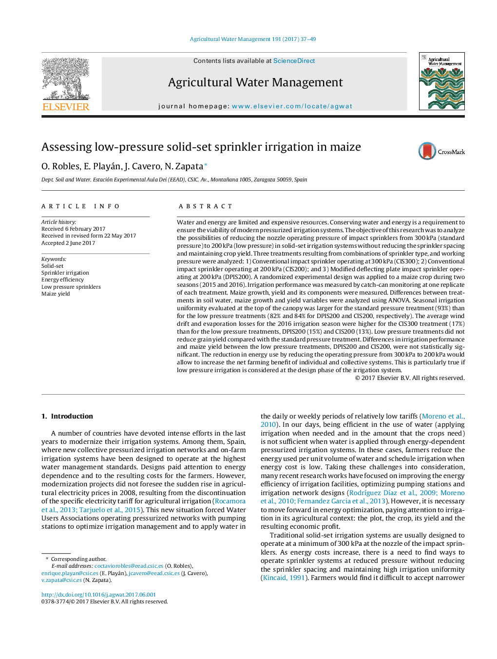 Assessing low-pressure solid-set sprinkler irrigation in maize