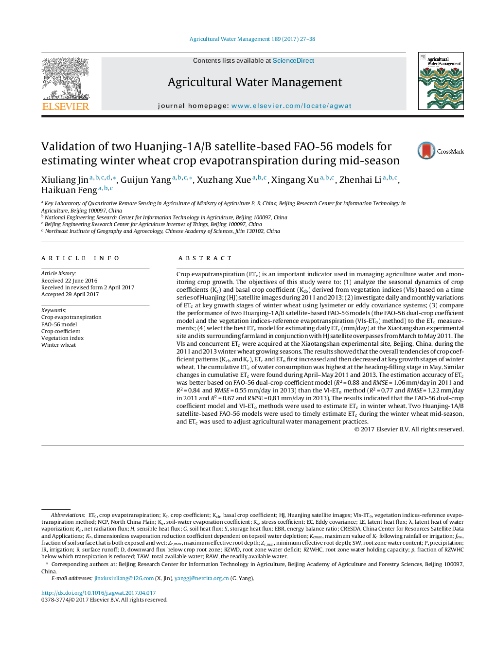 Validation of two Huanjing-1A/B satellite-based FAO-56 models for estimating winter wheat crop evapotranspiration during mid-season