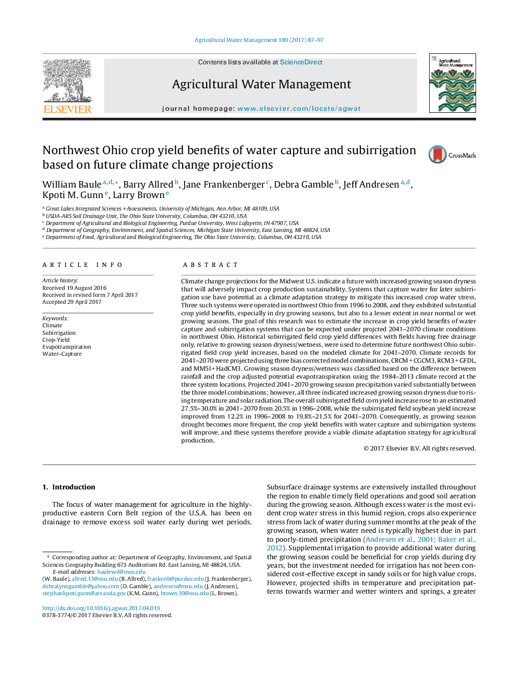 Northwest Ohio crop yield benefits of water capture and subirrigation based on future climate change projections