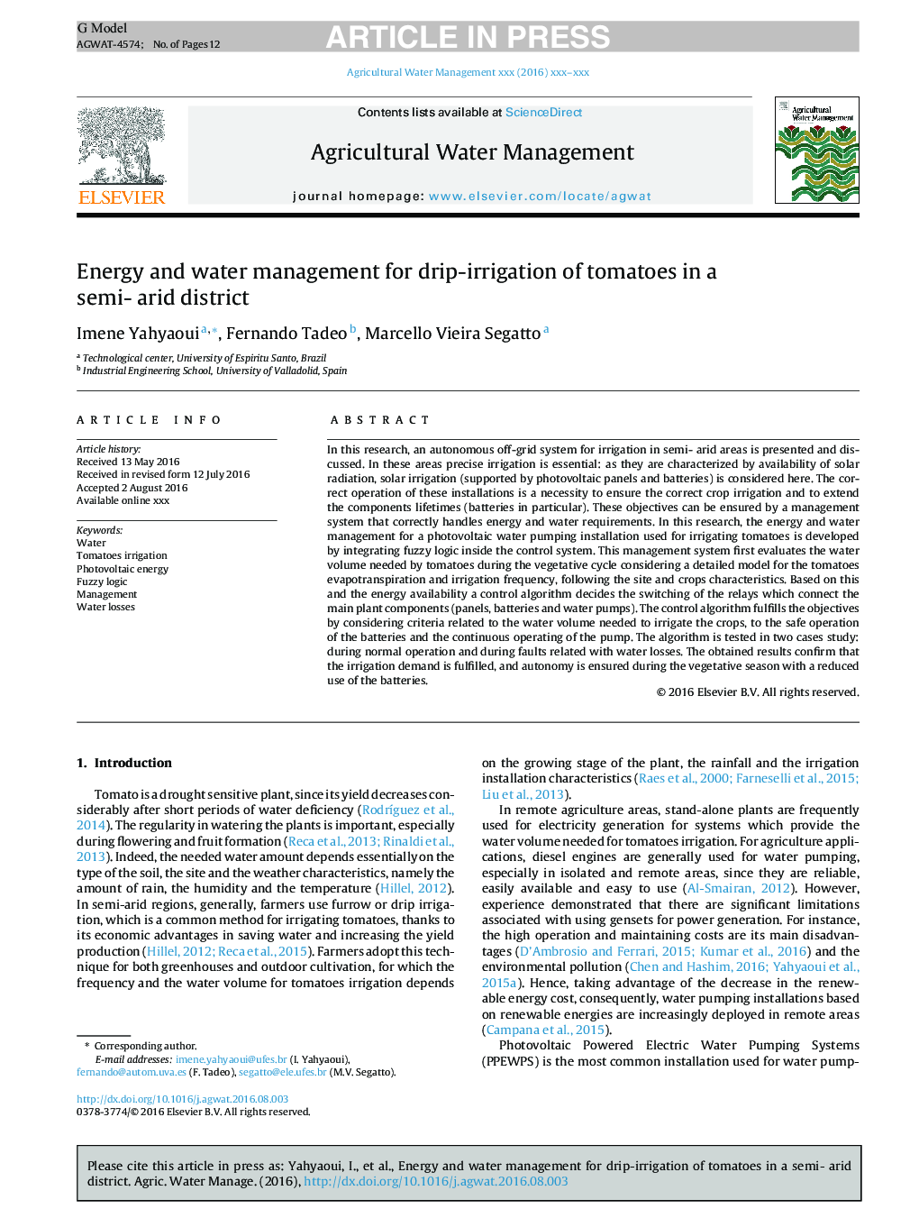 Energy and water management for drip-irrigation of tomatoes in a semi- arid district