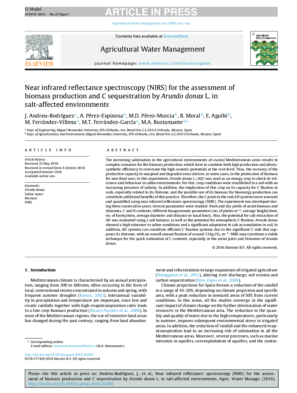 Near infrared reflectance spectroscopy (NIRS) for the assessment of biomass production and C sequestration by Arundo donax L. in salt-affected environments