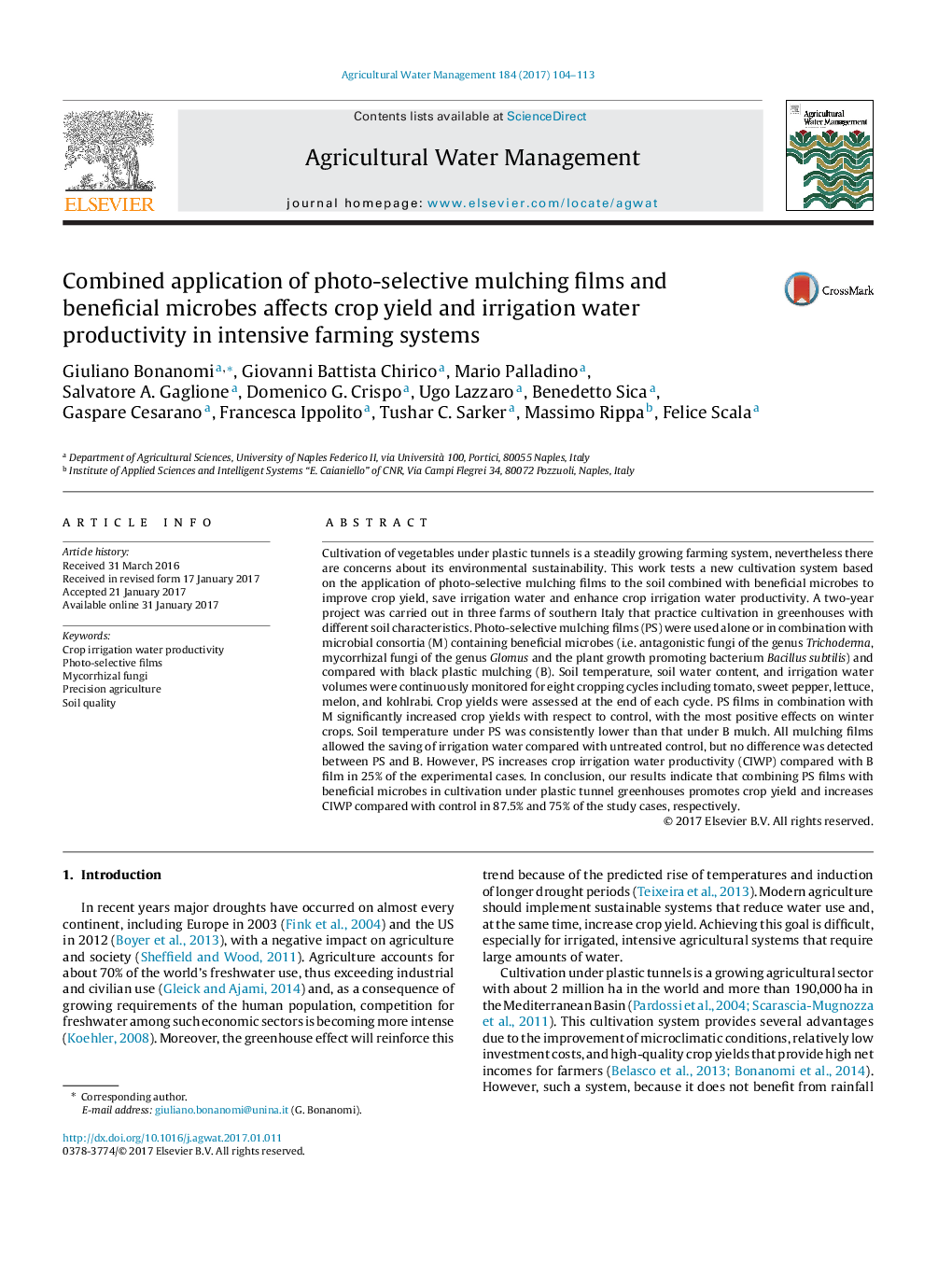 Combined application of photo-selective mulching films and beneficial microbes affects crop yield and irrigation water productivity in intensive farming systems