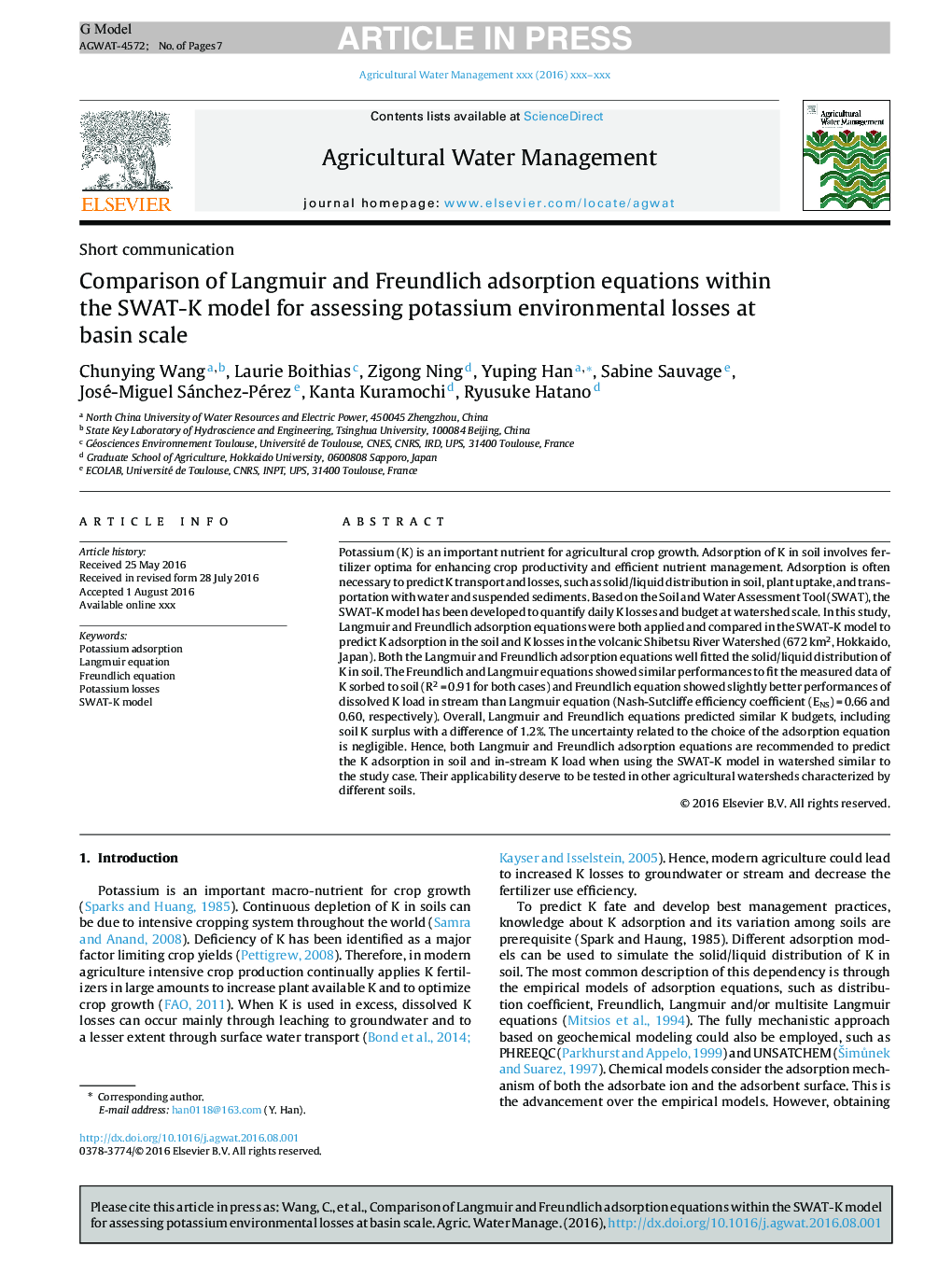 Comparison of Langmuir and Freundlich adsorption equations within the SWAT-K model for assessing potassium environmental losses at basin scale