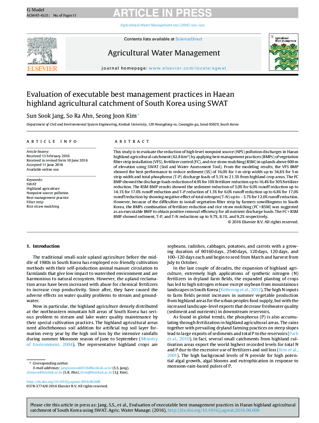 Evaluation of executable best management practices in Haean highland agricultural catchment of South Korea using SWAT