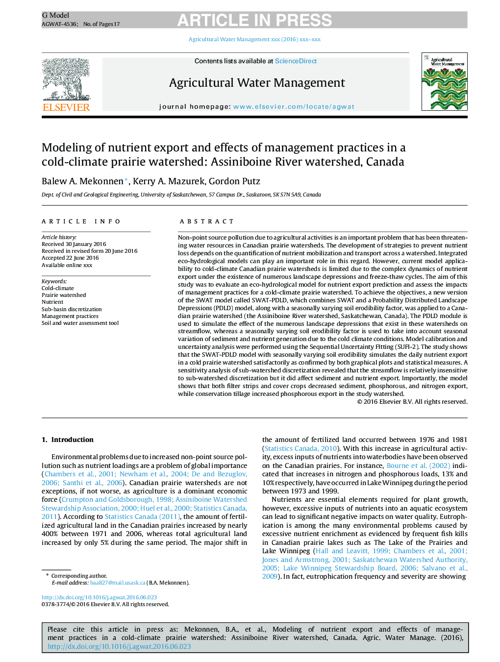 Modeling of nutrient export and effects of management practices in a cold-climate prairie watershed: Assiniboine River watershed, Canada
