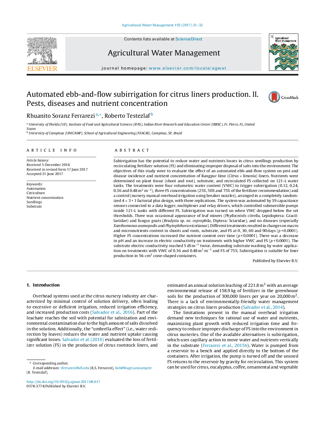 Automated ebb-and-flow subirrigation for citrus liners production. II. Pests, diseases and nutrient concentration