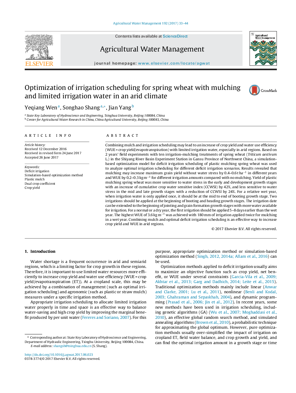 Optimization of irrigation scheduling for spring wheat with mulching and limited irrigation water in an arid climate