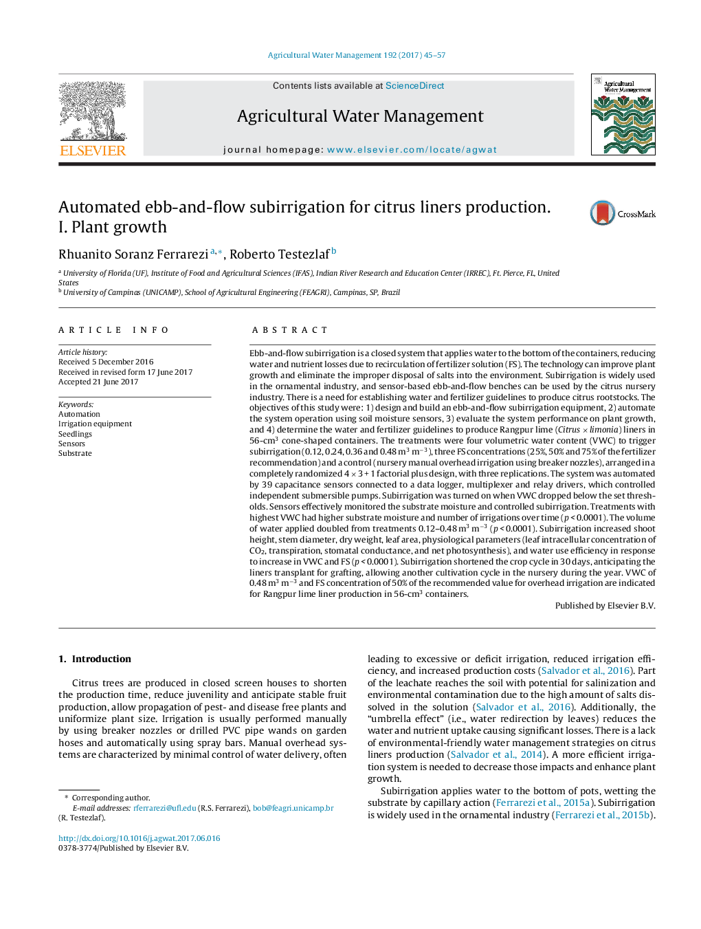 Automated ebb-and-flow subirrigation for citrus liners production. I. Plant growth