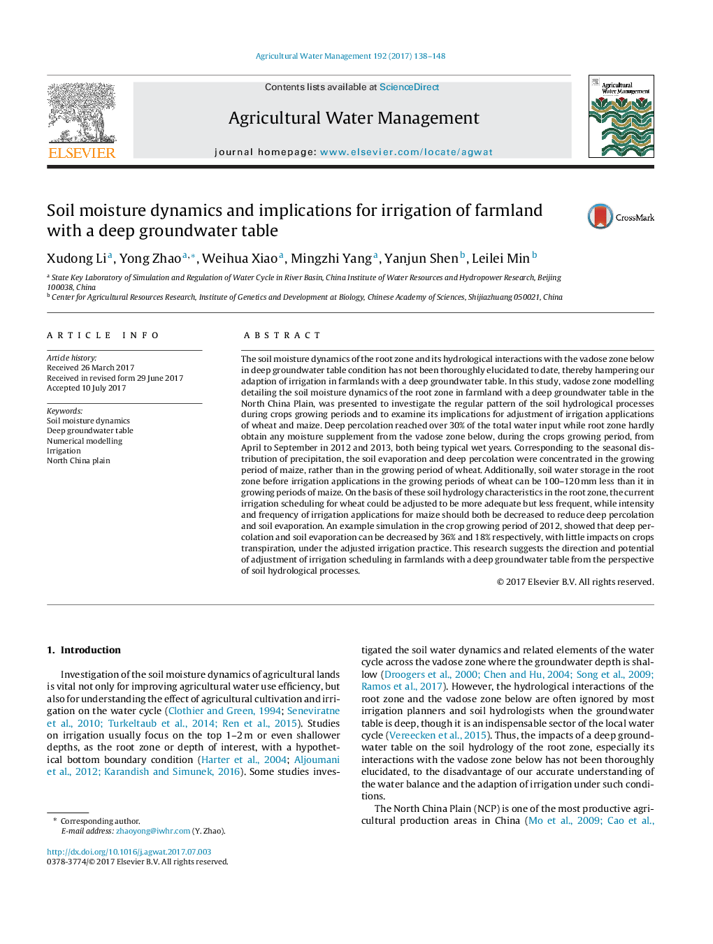 Soil moisture dynamics and implications for irrigation of farmland with a deep groundwater table