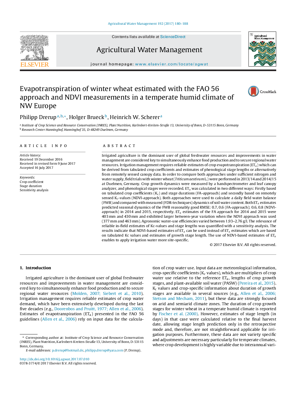 Evapotranspiration of winter wheat estimated with the FAO 56 approach and NDVI measurements in a temperate humid climate of NW Europe