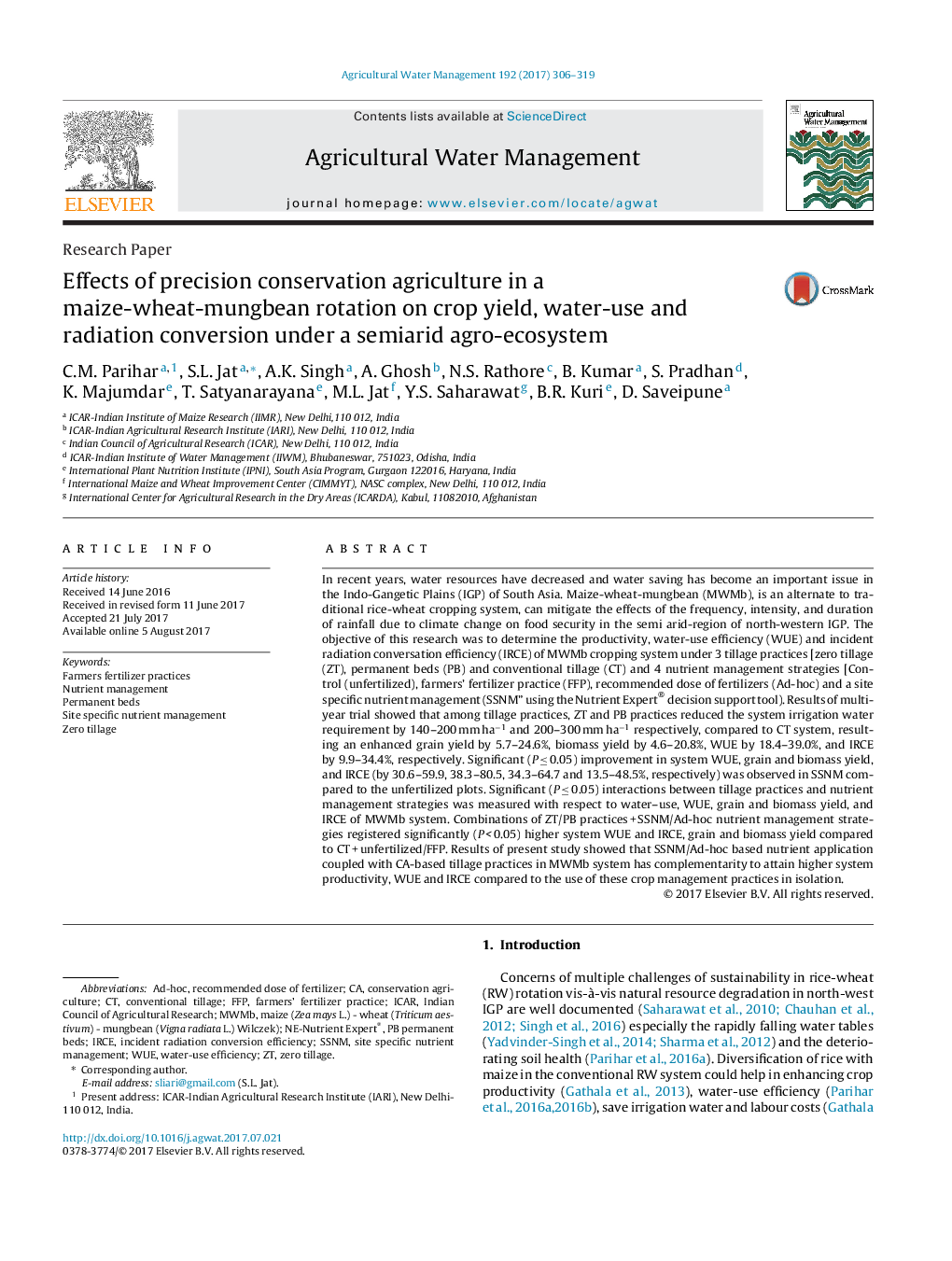 Research PaperEffects of precision conservation agriculture in a maize-wheat-mungbean rotation on crop yield, water-use and radiation conversion under a semiarid agro-ecosystem