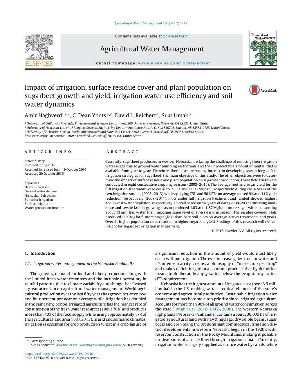 Impact of irrigation, surface residue cover and plant population on sugarbeet growth and yield, irrigation water use efficiency and soil water dynamics