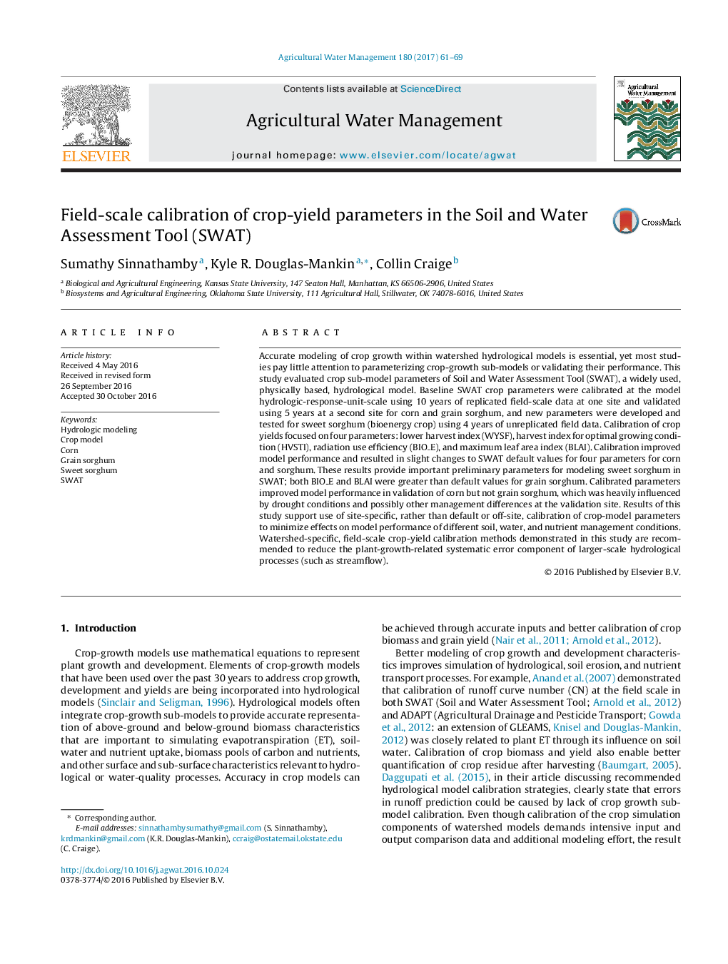 Field-scale calibration of crop-yield parameters in the Soil and Water Assessment Tool (SWAT)