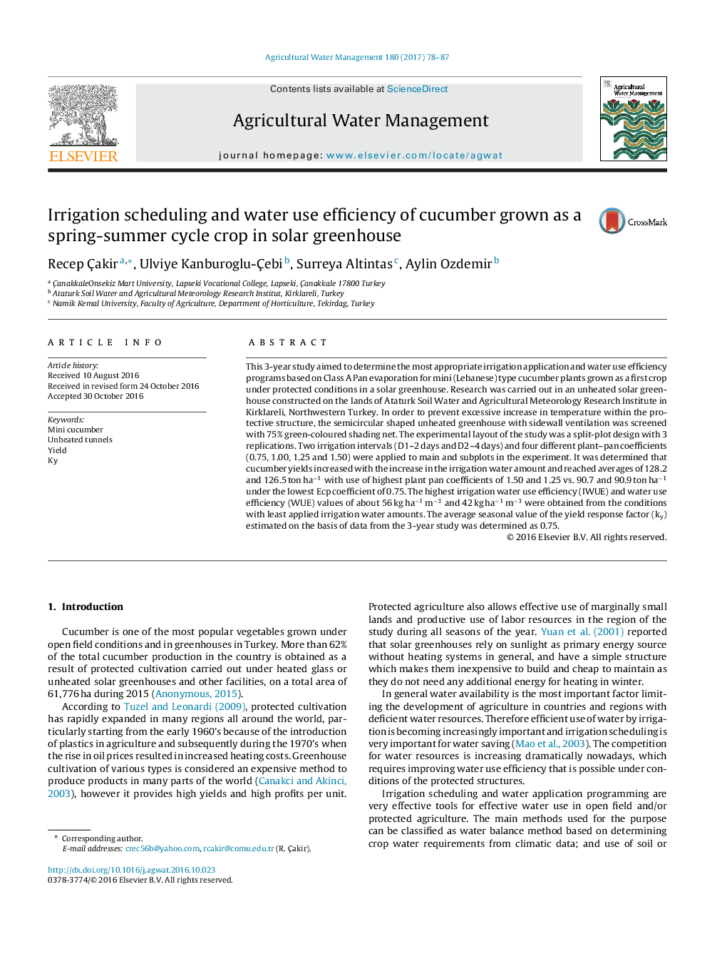 Irrigation scheduling and water use efficiency of cucumber grown as a spring-summer cycle crop in solar greenhouse