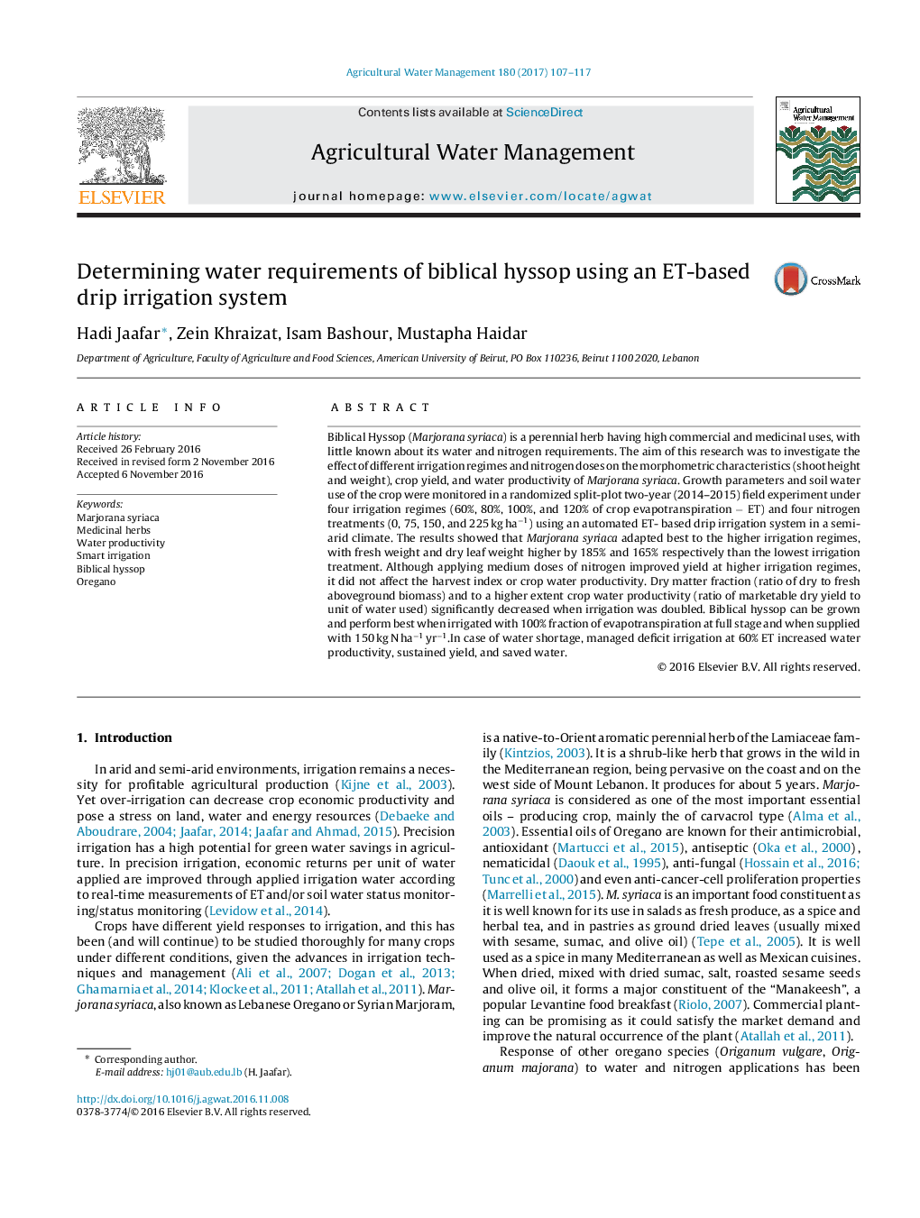 Determining water requirements of biblical hyssop using an ET-based drip irrigation system