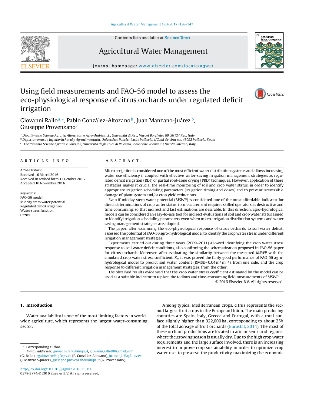 Using field measurements and FAO-56 model to assess the eco-physiological response of citrus orchards under regulated deficit irrigation