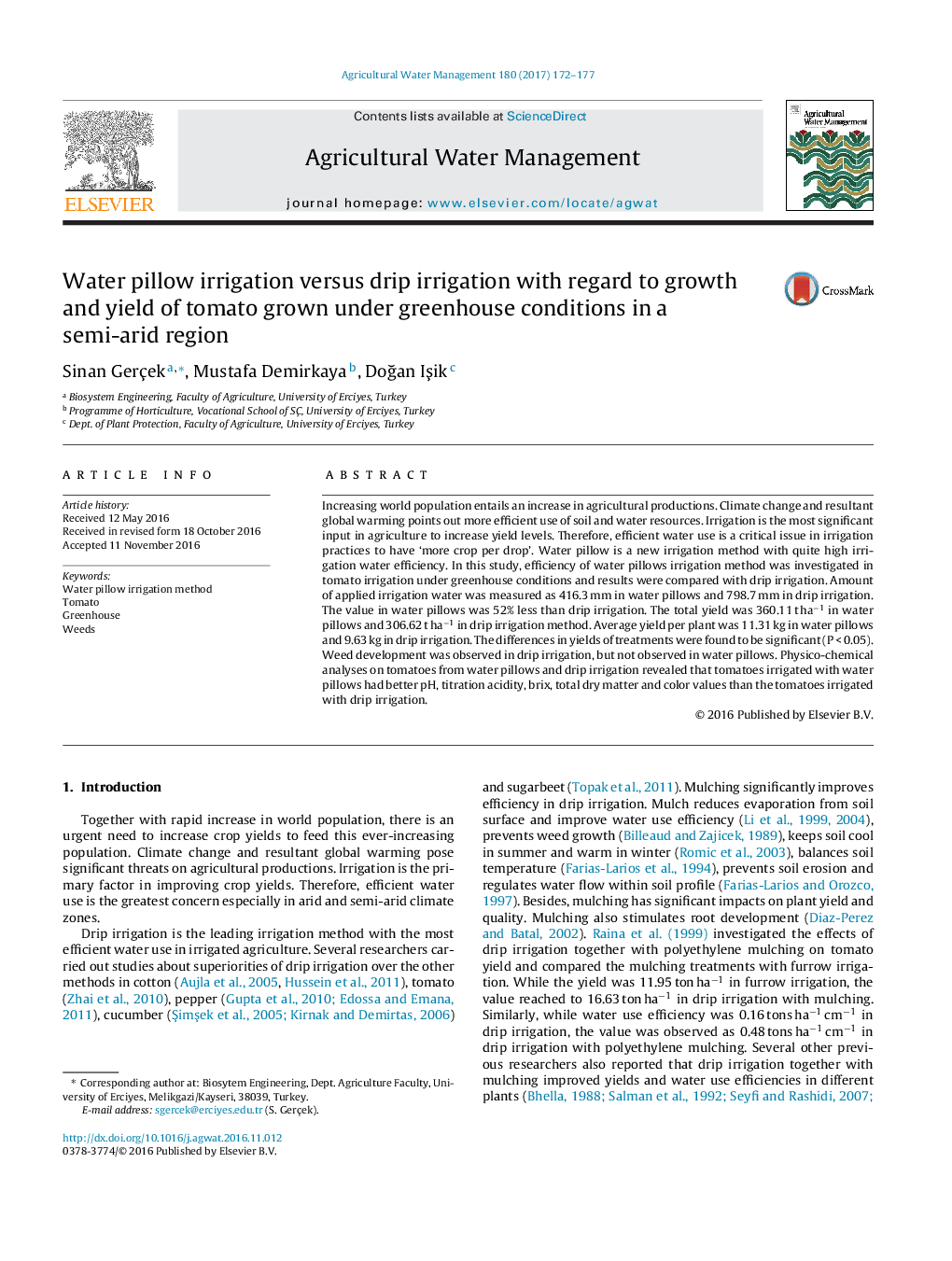 Water pillow irrigation versus drip irrigation with regard to growth and yield of tomato grown under greenhouse conditions in a semi-arid region