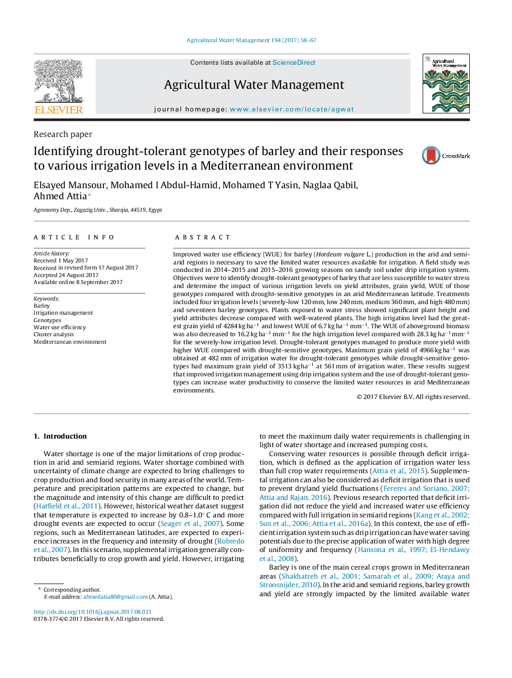 Identifying drought-tolerant genotypes of barley and their responses to various irrigation levels in a Mediterranean environment