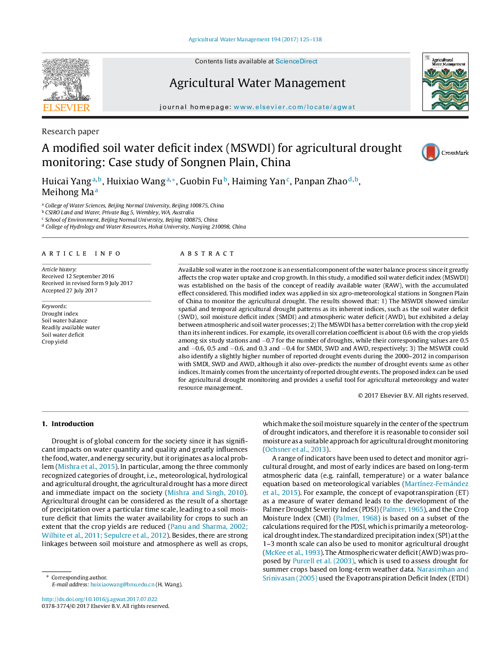 A modified soil water deficit index (MSWDI) for agricultural drought monitoring: Case study of Songnen Plain, China