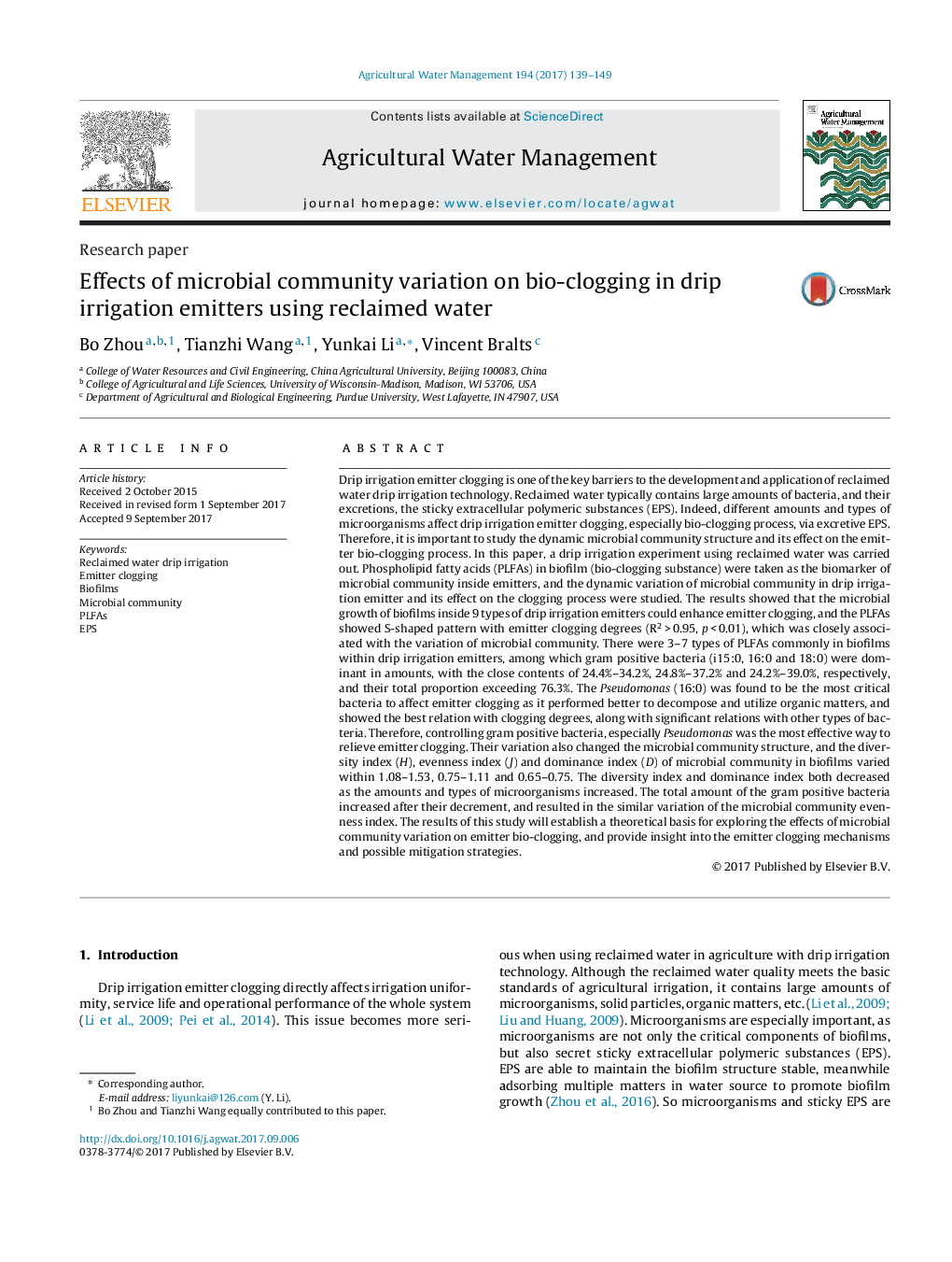 Effects of microbial community variation on bio-clogging in drip irrigation emitters using reclaimed water