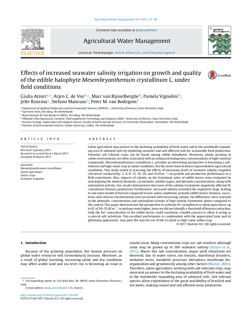 Effects of increased seawater salinity irrigation on growth and quality of the edible halophyte Mesembryanthemum crystallinum L. under field conditions