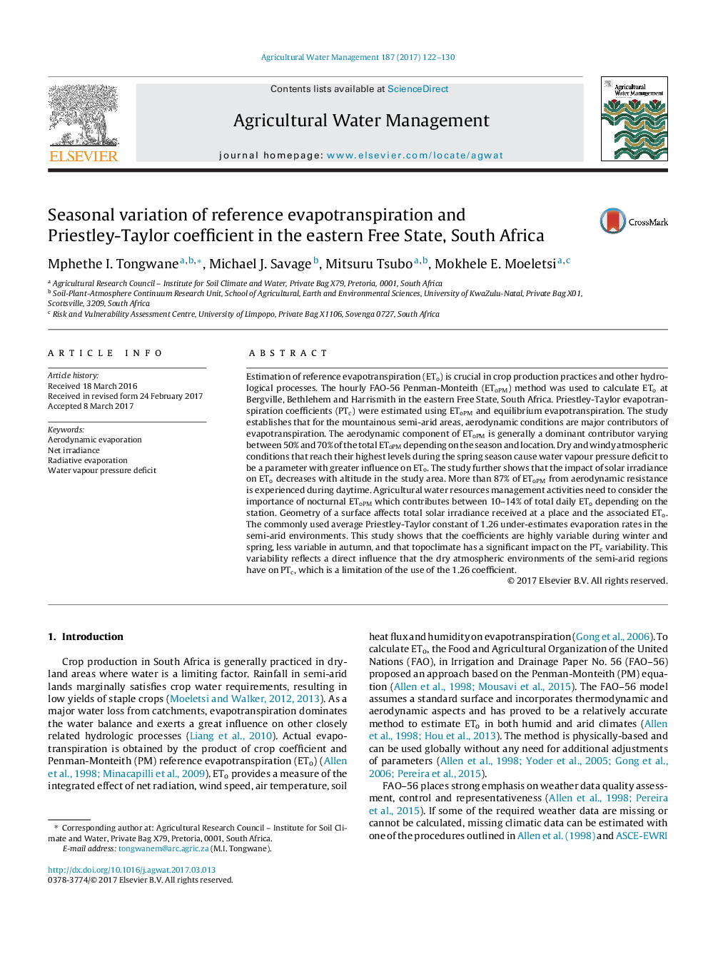 Seasonal variation of reference evapotranspiration and Priestley-Taylor coefficient in the eastern Free State, South Africa