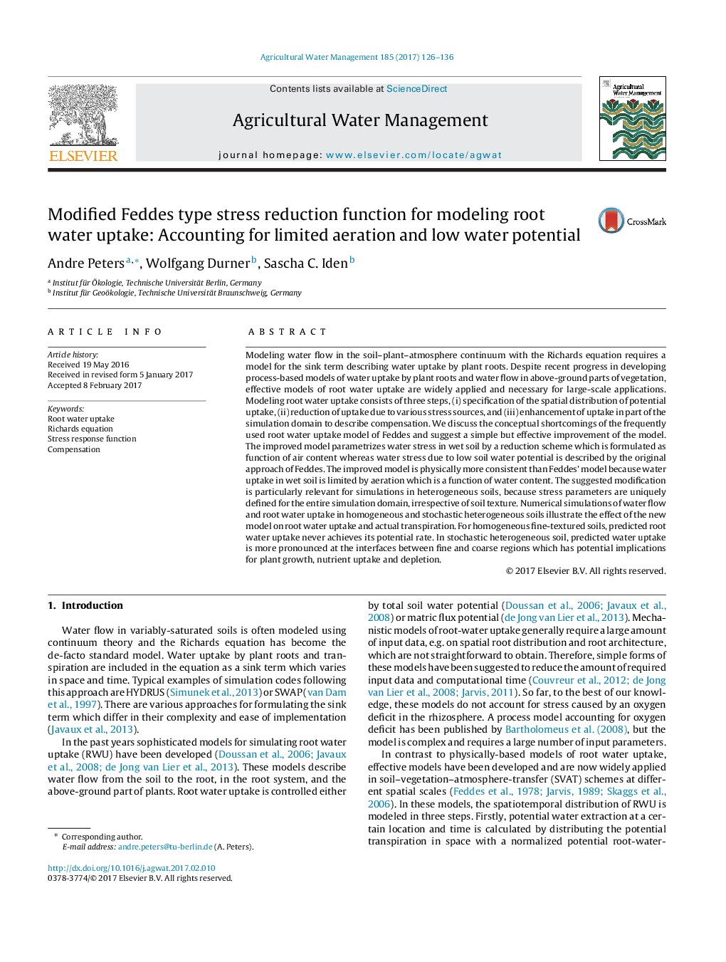 Modified Feddes type stress reduction function for modeling root water uptake: Accounting for limited aeration and low water potential