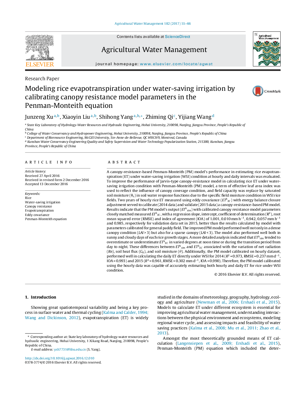 Modeling rice evapotranspiration under water-saving irrigation by calibrating canopy resistance model parameters in the Penman-Monteith equation