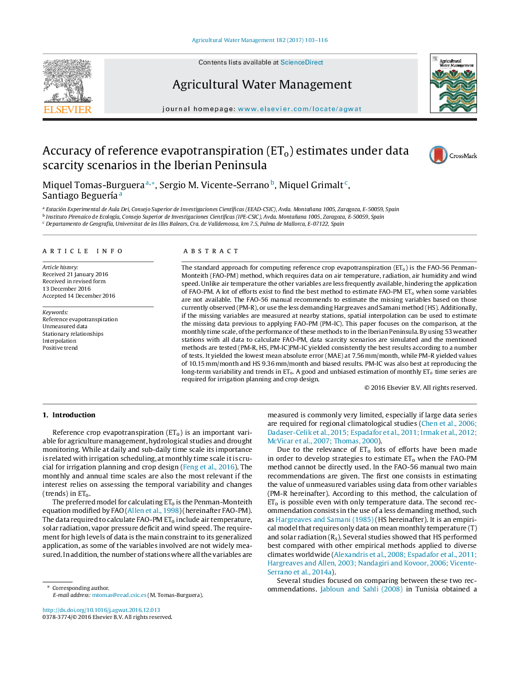 Accuracy of reference evapotranspiration (ETo) estimates under data scarcity scenarios in the Iberian Peninsula