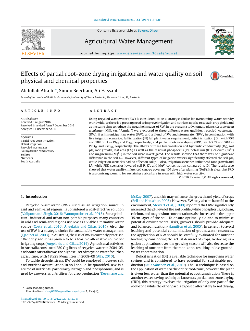 Effects of partial root-zone drying irrigation and water quality on soil physical and chemical properties