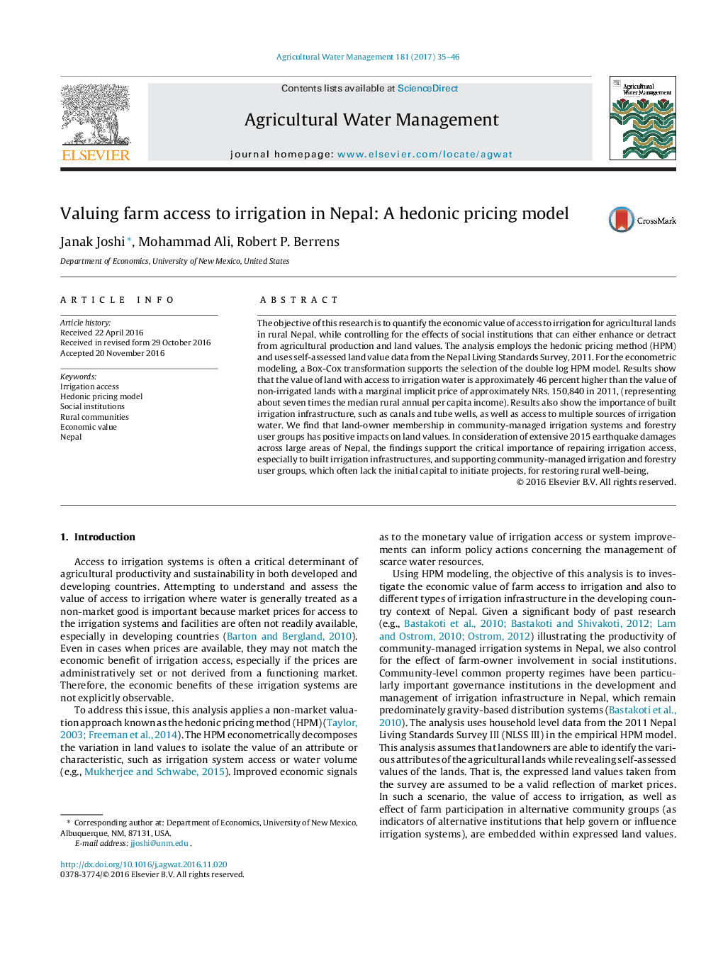 Valuing farm access to irrigation in Nepal: A hedonic pricing model