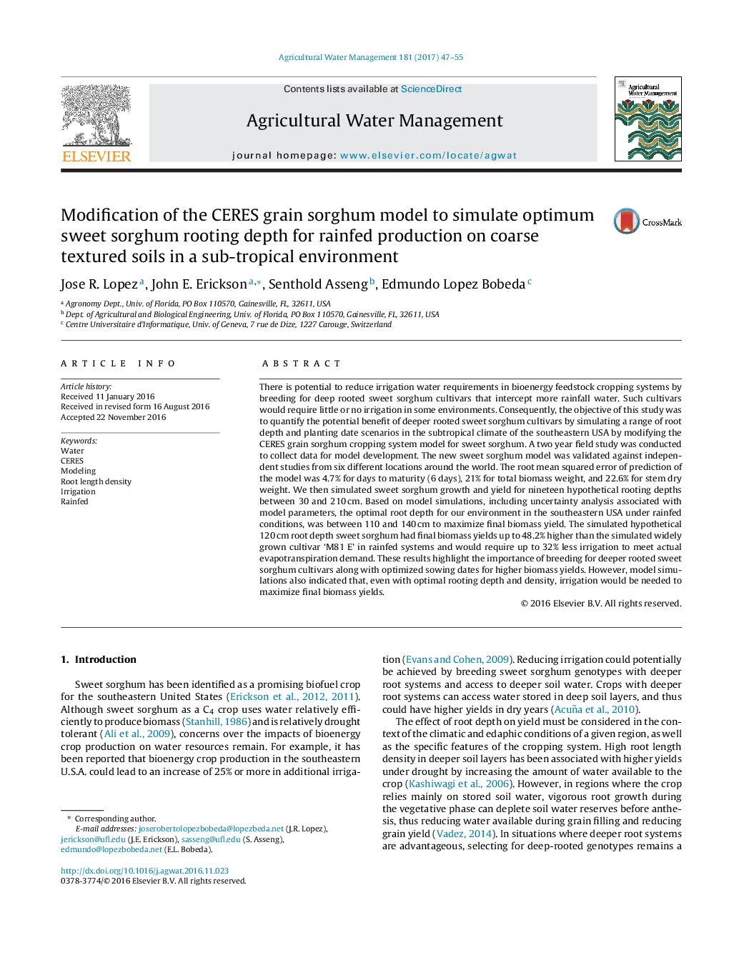 Modification of the CERES grain sorghum model to simulate optimum sweet sorghum rooting depth for rainfed production on coarse textured soils in a sub-tropical environment