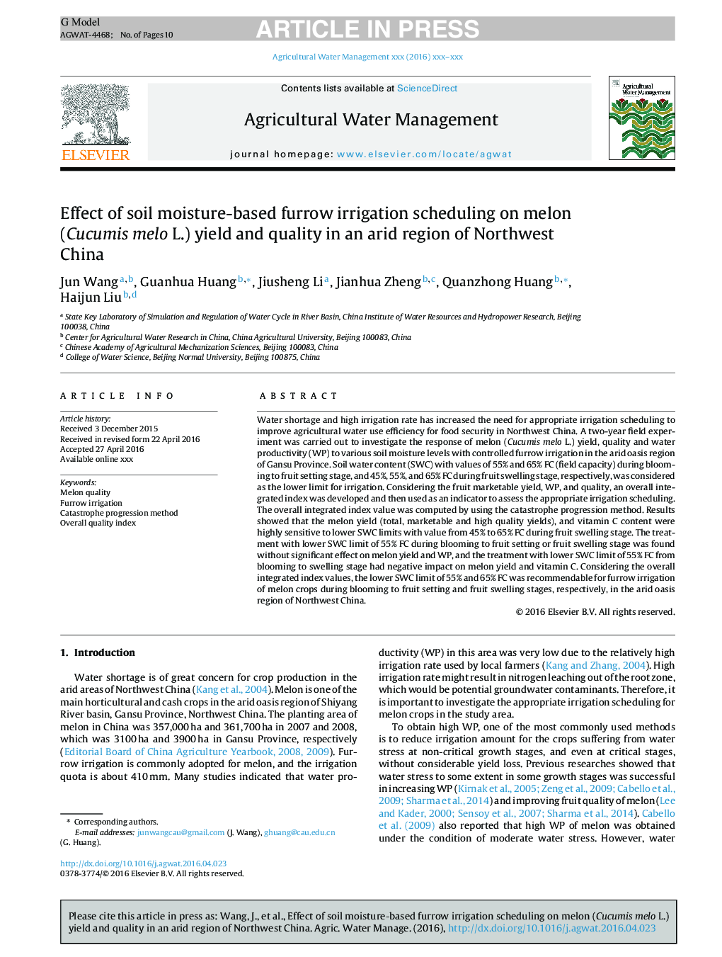 Effect of soil moisture-based furrow irrigation scheduling on melon (Cucumis melo L.) yield and quality in an arid region of Northwest China