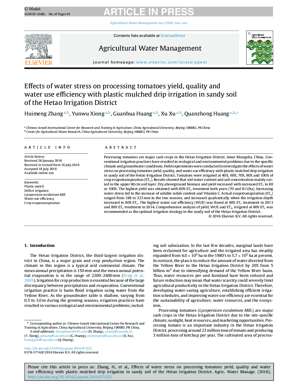 Effects of water stress on processing tomatoes yield, quality and water use efficiency with plastic mulched drip irrigation in sandy soil of the Hetao Irrigation District