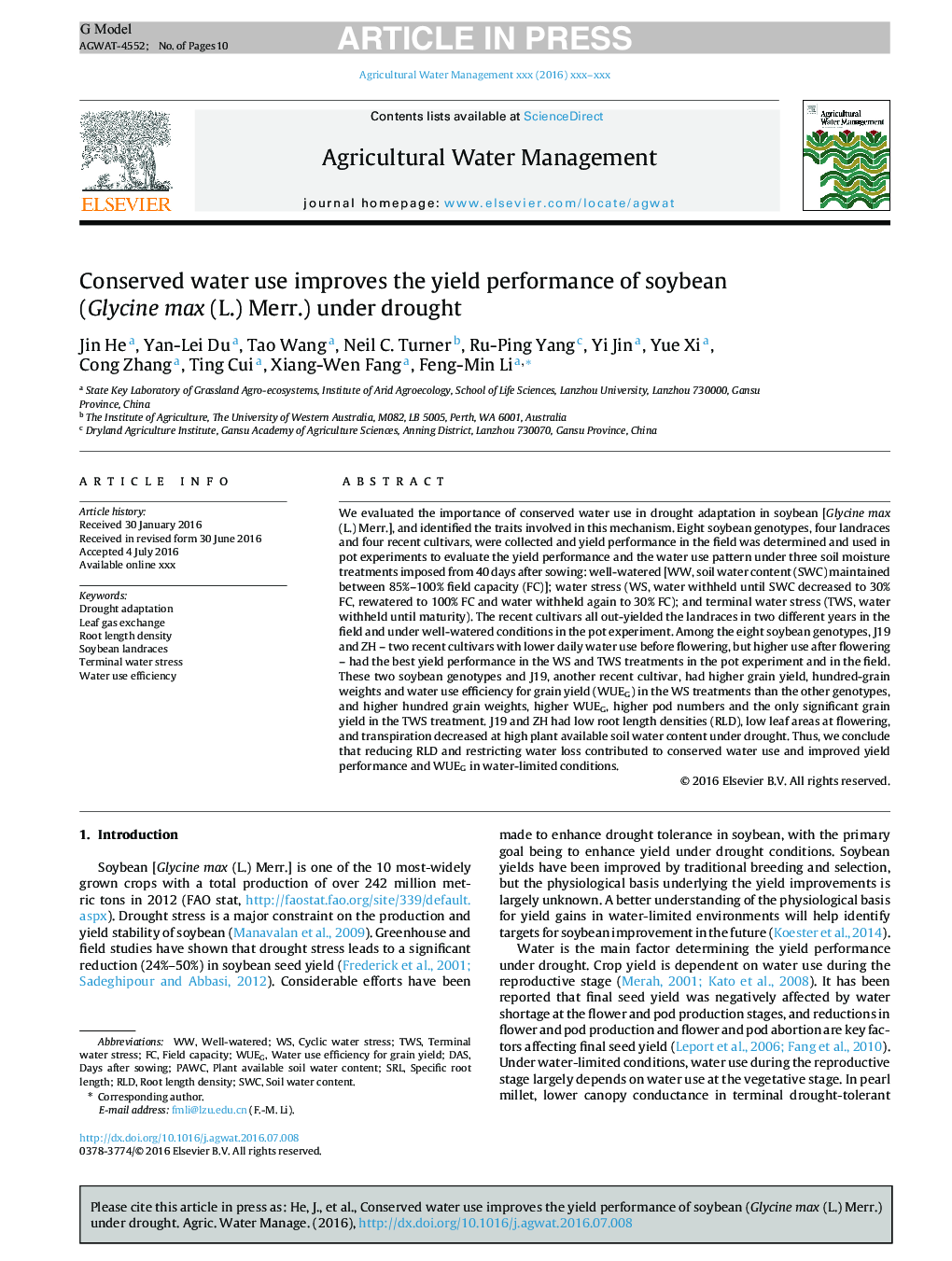 Conserved water use improves the yield performance of soybean (Glycine max (L.) Merr.) under drought