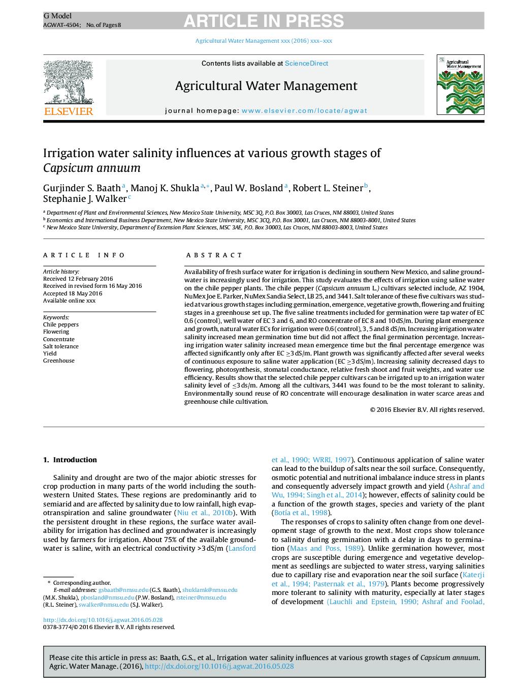 Irrigation water salinity influences at various growth stages of Capsicum annuum