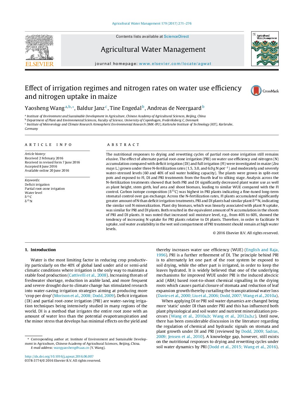 Effect of irrigation regimes and nitrogen rates on water use efficiency and nitrogen uptake in maize