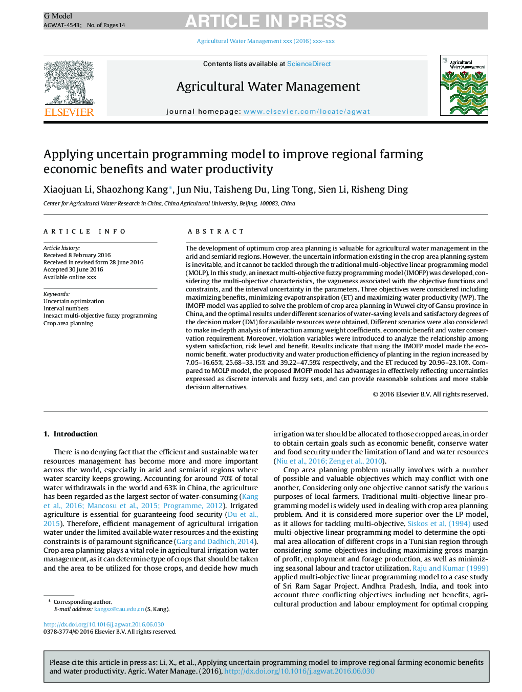 Applying uncertain programming model to improve regional farming economic benefits and water productivity