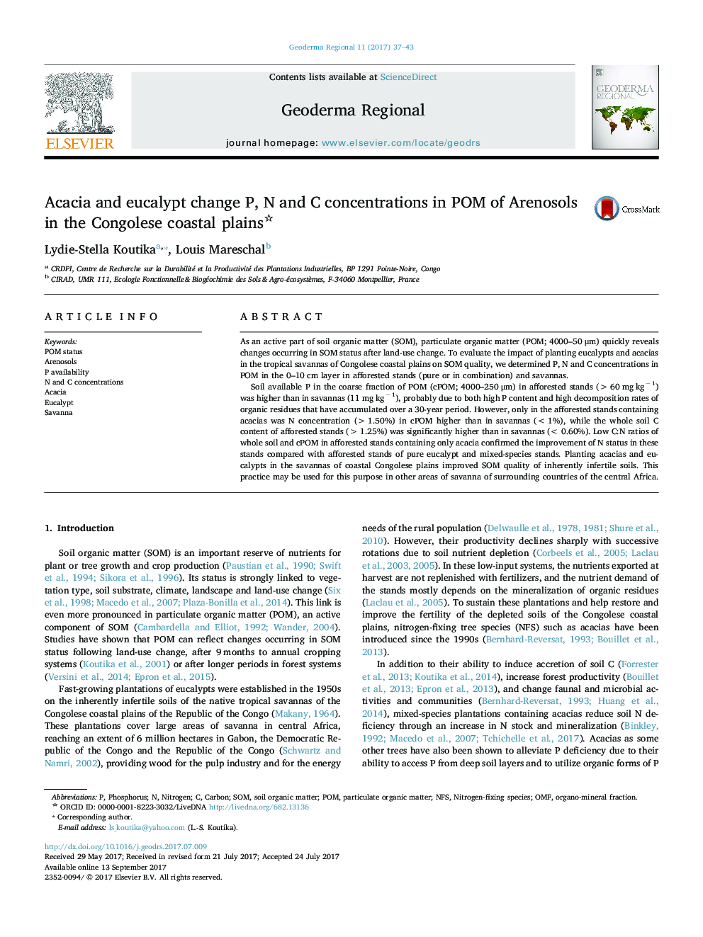 Acacia and eucalypt change P, N and C concentrations in POM of Arenosols in the Congolese coastal plains